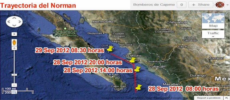 Trayectoria de la depresin tropical Norman Sbado 29 Septiembre 2012 a las 08:30 AM