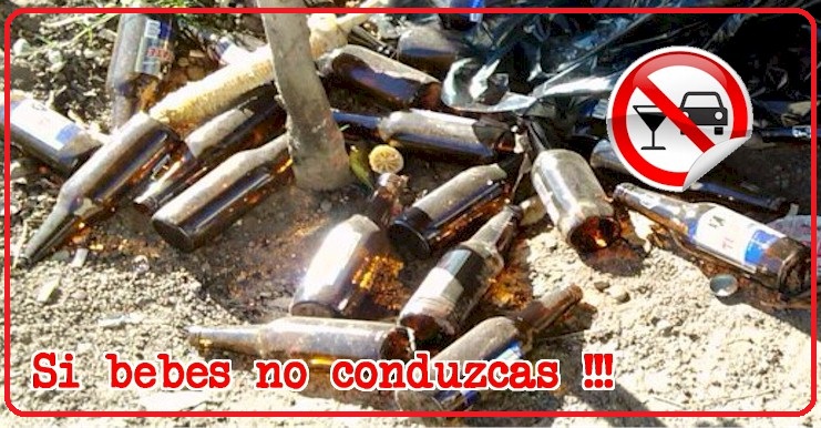 Botellas de cerveza vacas tiradas en la calle evidencia de una reciente borrachera. Texto de la foto: Si bebes no manejes. Cuadro superior derecho una copa de vino cruzada concirculo y raya roja indicando no beber 