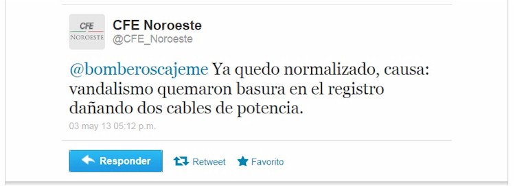 Tweet CFE Noroeste - 2