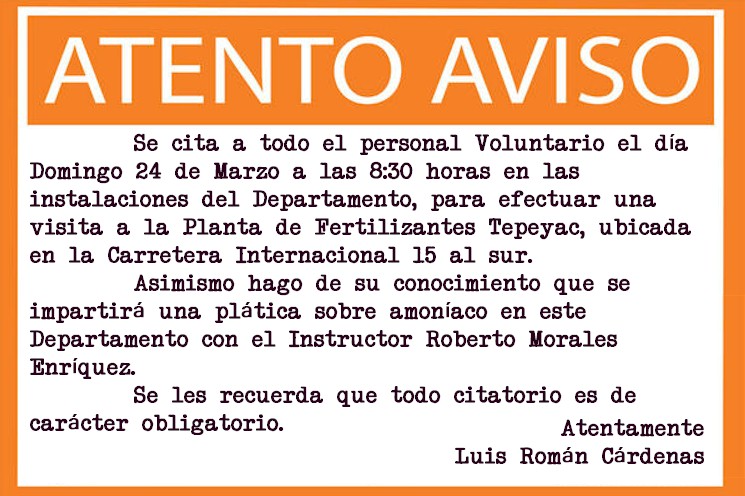 Citatorio para el Personal Voluntario - 24 Marzo 2013