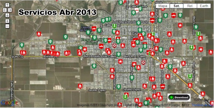 Mapa con los servicios realizados en el mes de abril del 2013