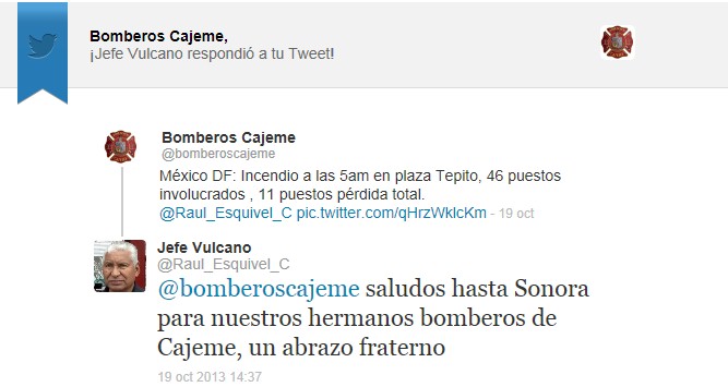 Raul Esquivel, Jefe de Bomberos del DF dice: saludos hasta Sonora para nuestros hermanos bomberos de Cajeme, un abrazo fraterno...